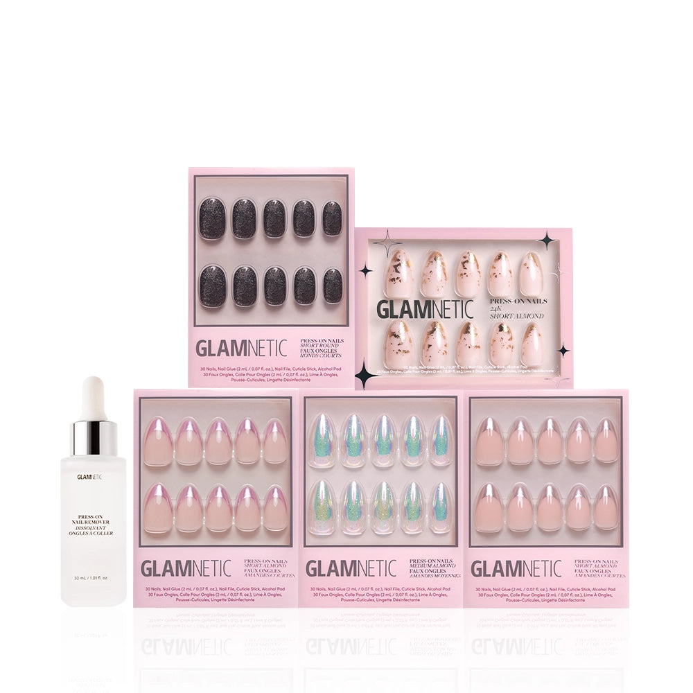 The glamnetic Metallic Moments Bundle features five sets of press-on nails with metallic and chrome designs, arranged in two rows with a white dropper-cap nail glue bottle displayed in front. - Product image