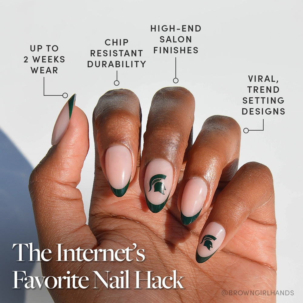 Show your Spartan pride with the glamnetic Michigan State Spartans Press-On Nail Set—featuring almond-shaped, nude nails with dark green French tips and helmet designs. Enjoy up to 2 weeks of chip-resistant, Spartan Strong style. - Product image
