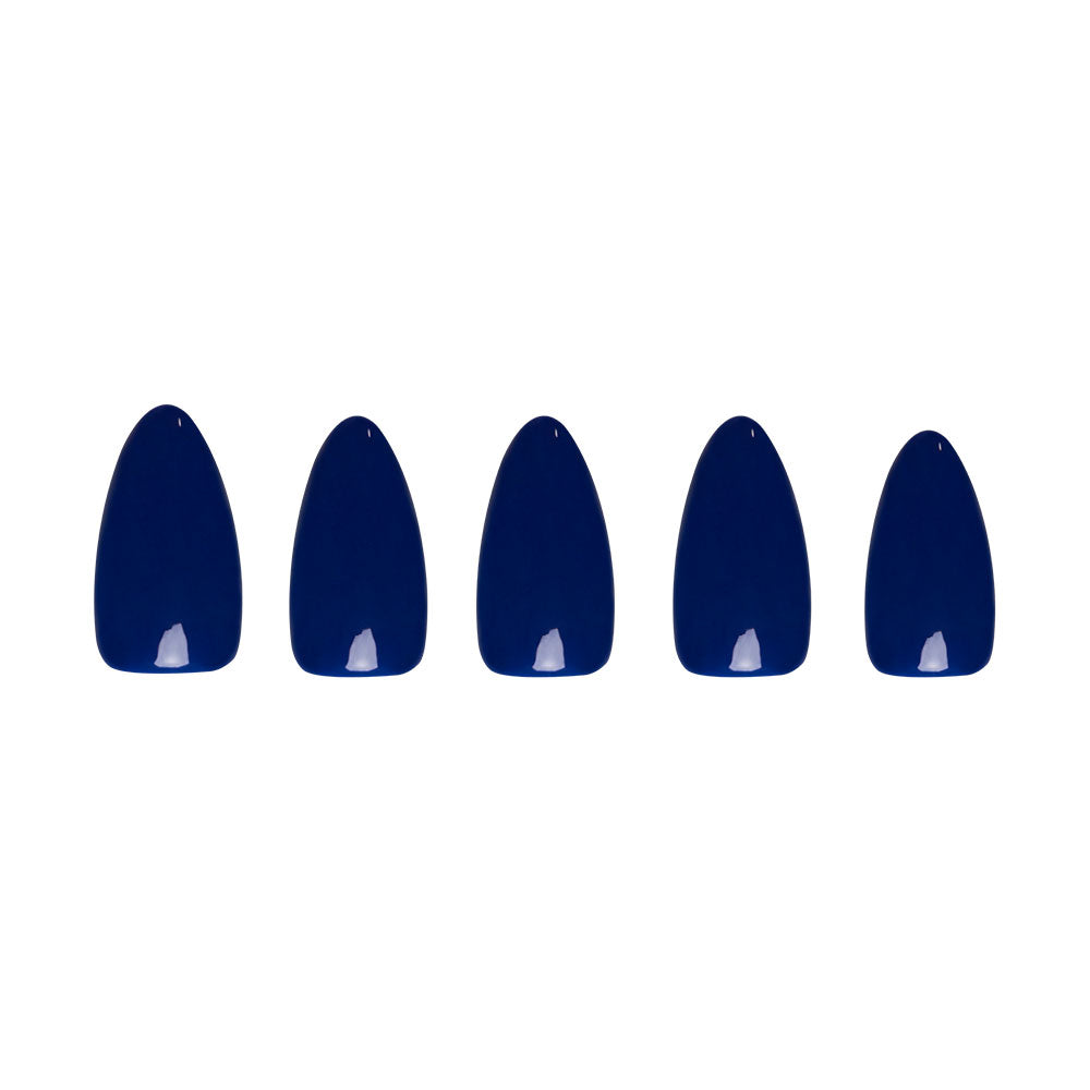 Five dark blue, glossy, oval-shaped false nails from the glamnetic Midnight Blue set are arranged in a row against a white background. This vegan and cruelty-free set evokes the elegance of a fall forest at dusk. - Product image