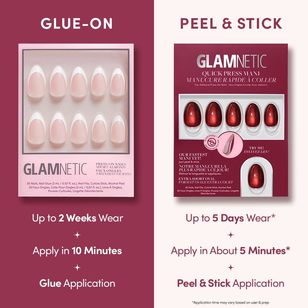 Side-by-side comparison of glamnetic Midnight Merlot glue-on pink nails and press-on red nails, with text highlighting wear time, application time, and application method for each nail type. - Product image