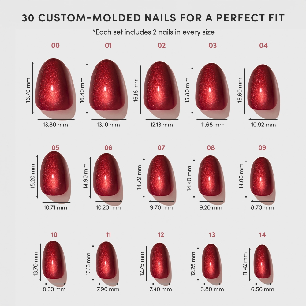 Four rows of Midnight Merlot by glamnetic – deep red, custom-molded press-on nails arranged in ascending size, each labeled with height and width measurements in millimeters, for a total of 30 stick-on nails ensuring the perfect fit. - Product image