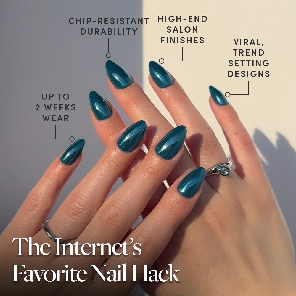 Two hands showcase glamnetic’s Midnight Teal Press-On Nails in a short almond shape. Text highlights chip-resistant, salon-quality nails, viral trendy designs, and up to 2 weeks of wear. - Product image