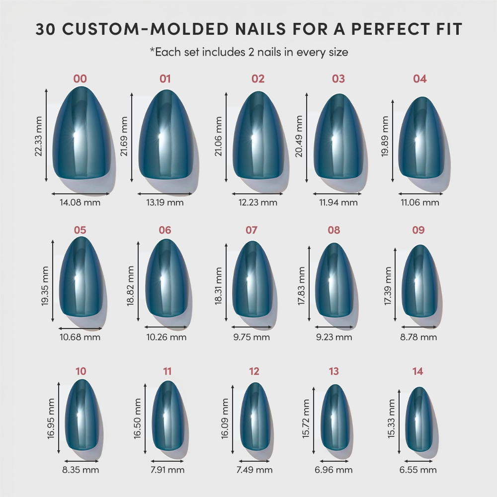 A chart shows 15 sizes of the glamnetic Midnight Teal press-on nails—salon-quality short almond mani. Each nail is labeled 01–15, with its length and width in millimeters listed underneath. - Product image