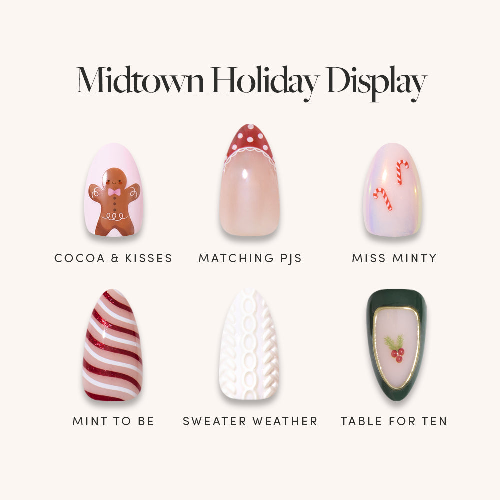 Get a salon-quality manicure at home this holiday season with the glamnetic Midtown Holiday Display. This festive set features six playful nail designs—including gingerbread man, candy canes, red scalloped tips, red and white stripes, cozy white cable knit, and green with holly—each labeled with a fun name for the perfect press-on holiday manicure. - Product image