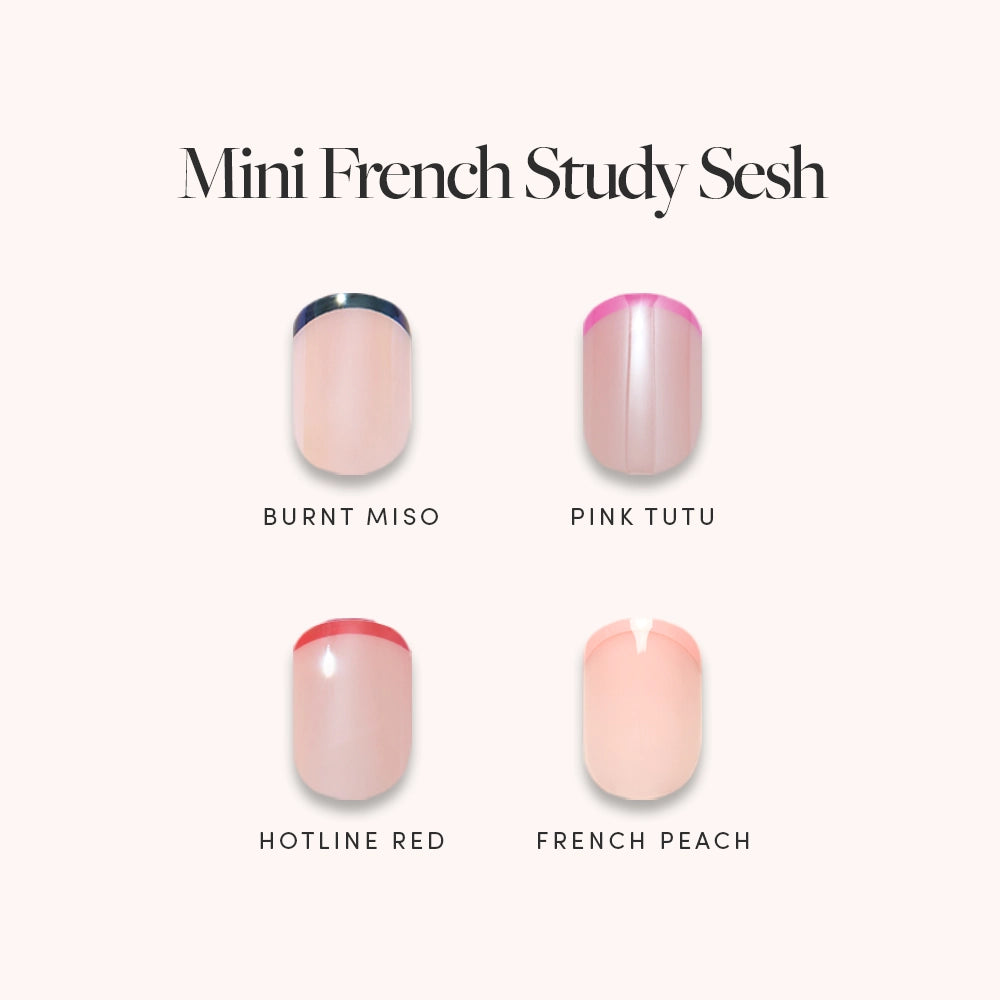A playful take on micro French tips: Four short press-on nail designs from glamnetic’s Mini French Study Sesh—Burnt Miso (dark navy tip), Pink Tutu (bright pink tip), Hotline Red (bold red tip), and French Peach (soft peach tip)—are displayed against a pale background beneath the collection name. - Product image