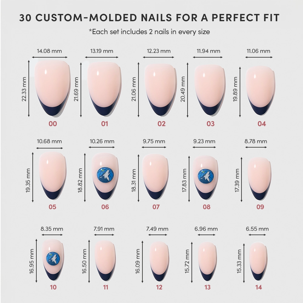 A chart displaying 15 sizes of glamnetic's Minnesota Timberwolves Press-On Nail Set, each labeled with size numbers (00 to 14) and their width and length in millimeters for a salon-quality French tip manicure. - Product image