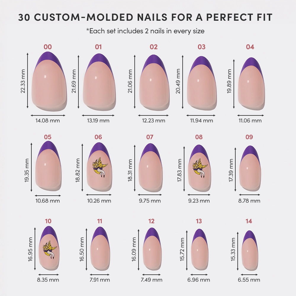 A chart showcases the glamnetic Minnesota Vikings Press-On Nail Set, featuring 15 sizes, each numbered with millimeter dimensions, displayed in nude base with purple tips and select floral designs. - Product image