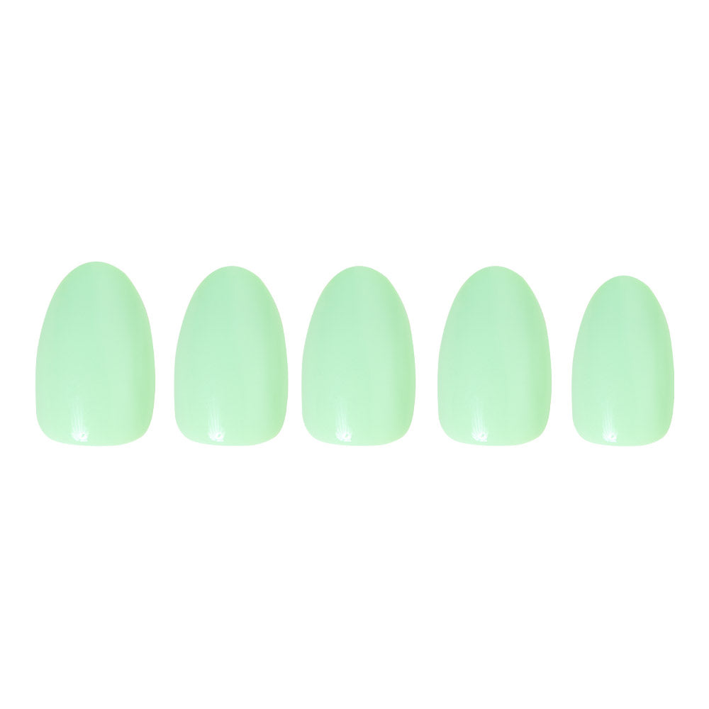 Five glamnetic Mint Green artificial fingernails are displayed in a row, each featuring a glossy mint green shade, set against a white background. - Product image