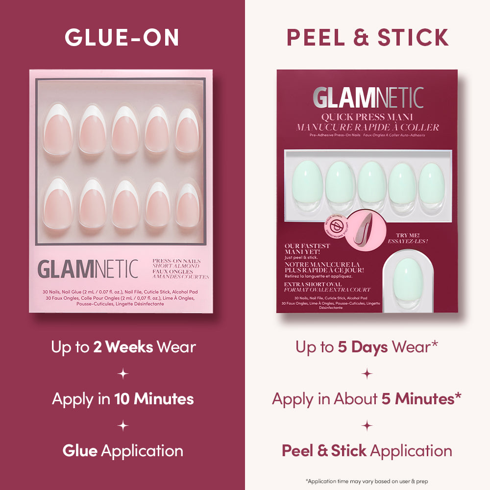 Comparison graphic showing two types of Minty Cloud mint green press-on nails: a glue-on kit offering two weeks of wear and a peel-and-stick kit providing five days of salon-quality mani results. - Product image