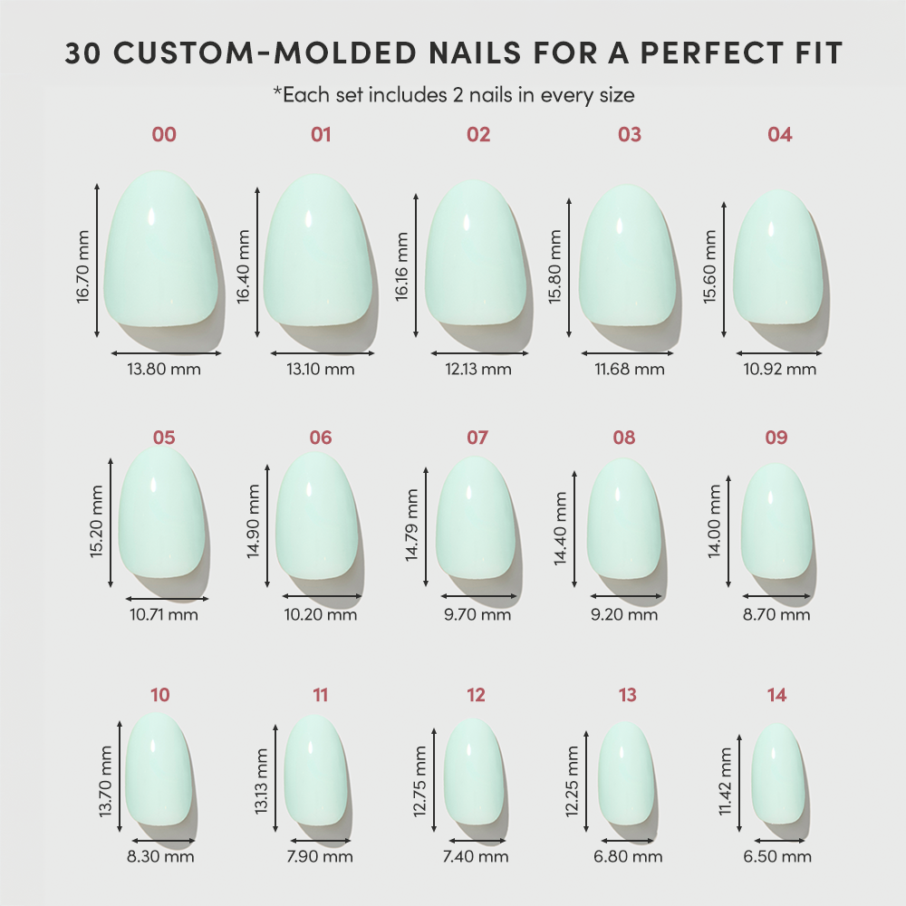 A sizing chart for Minty Cloud press-on nails showing fifteen mint green nail sizes with dimensions in millimeters for a salon-quality manicure. - Product image