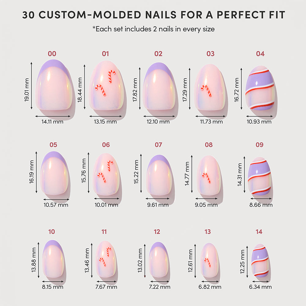 Glamnetic’s Miss Minty set includes 14 custom-molded press-on nails in a range of sizes, each displaying a unique pastel design—such as purple tips, candy cane stripes, and red swirls—ideal for a festive holiday look. Every nail is precisely measured and labeled for the perfect short almond fit. - Product image