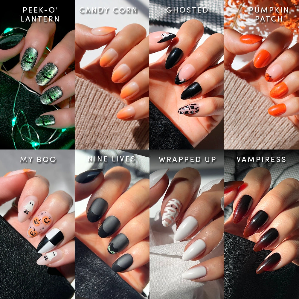 A collage of eight Halloween-themed manicures—each hand labeled with names like Peek-O-Lantern, Candy Corn, Ghosted, Pumpkin Patch, My Boo, Nine Lives, Wrapped Up, and Vampiress—showcases festive nail art designs featuring the limited-edition Monster Mash-Up press-on nail set from glamnetic for a truly spooky nail bundle. - Product image