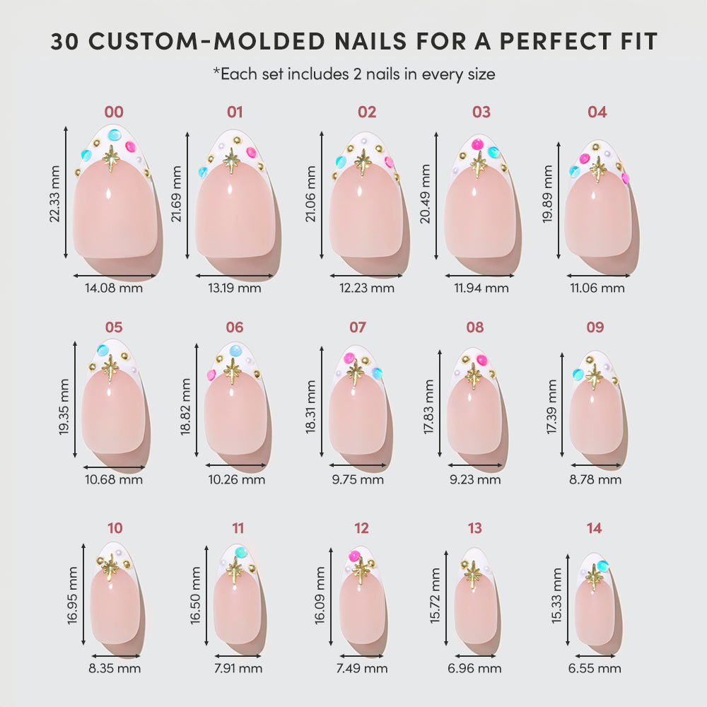 A chart of 15 Moonstone by glamnetic custom-molded French tip press-on nail sizes, each labeled with its size and measurements in mm and inches in three rows. Nails feature small floral designs. - Product image