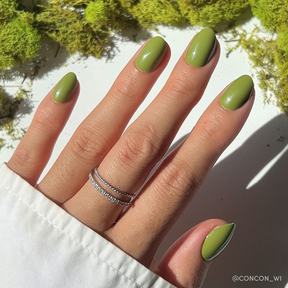 A hand with oval-shaped nails painted in glamnetic’s glossy Moss Green shade, adorned with two delicate silver rings, is displayed against green moss and sunlight—perfect for fall. - Product image