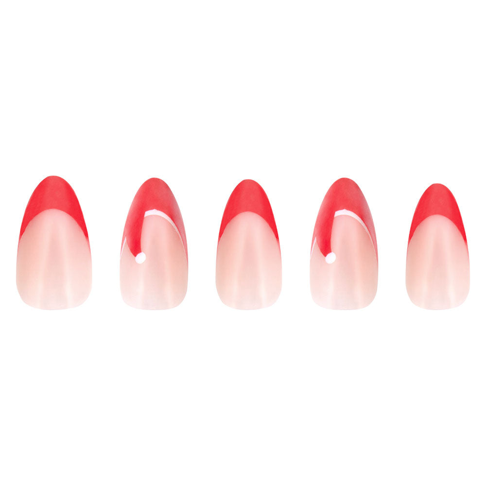 Five artificial nails from glamnetic’s Mrs. Claus set feature a natural base with bright red French tips, displayed in a row on white—perfect for festive looks or adding Santa hat accents to your holiday style. - Product image