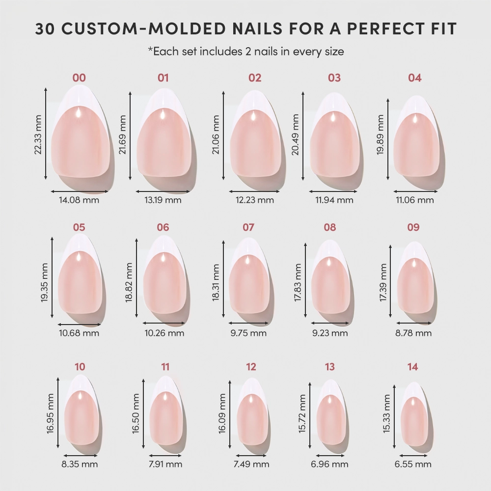 Chart displaying 15 sizes of glamnetic Mrs. custom-molded French tip nails, numbered 00–14 in rows. Each shows length and width in millimeters for a precise fit—ideal for bridal sets. Two nails included per size. - Product image