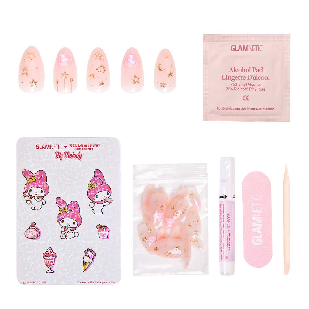 The glamnetic My Melody™ Nail Set includes pink short almond nails with gold stars and moons, a nail file, wooden cuticle stick, alcohol pad, nail glue pen, extra nails, and My Melody graphics stickers. - Product image