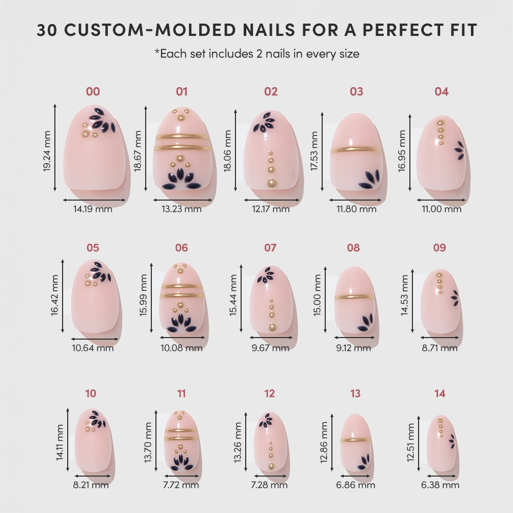 A chart of 15 Myko Muse short oval press-ons by glamnetic, each with unique pink, navy, gold, or pearl designs. Millimeter sizes are listed below each image. Each set includes 2 nails per size. - Product image