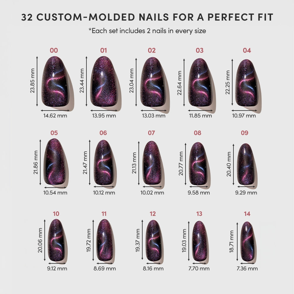 A chart displays 14 of 32 glamnetic Mystic Topaz press-on nails in dark purple with pink and white swirls, each labeled by number with width and length (mm). Above, text highlights salon-quality nails for a perfect fit. - Product image