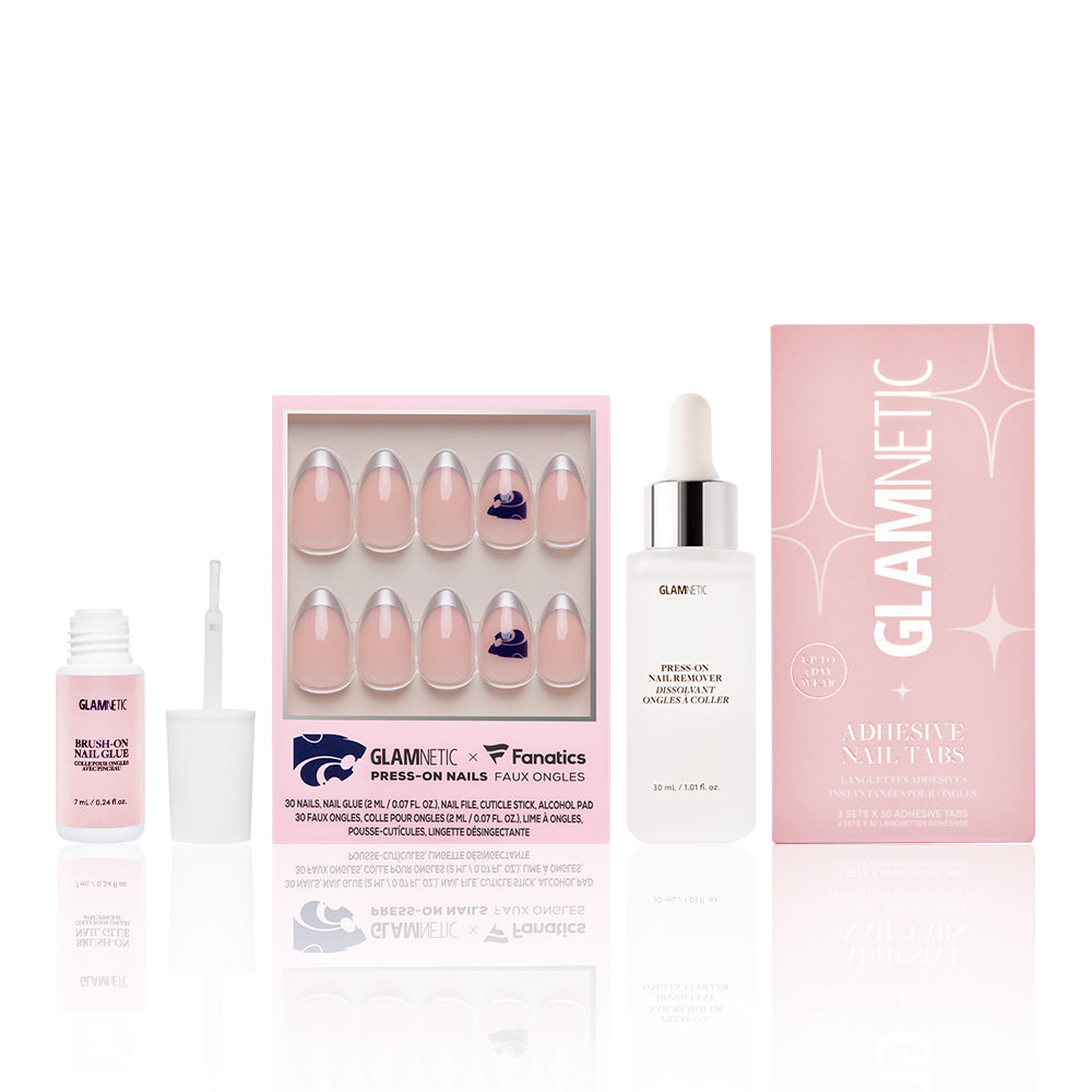 The Glamnetic Kansas State Wildcats Gameplan set includes press-on nails, adhesive nail glue, tabs, and primer in pink and white packaging—everything you need for a salon-quality manicure, perfect for game day.