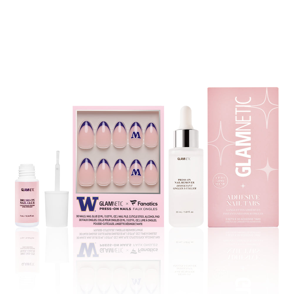 The Washington Huskies Gameplan by glamnetic is a faux press-on nail set featuring purple French tips and an M design, plus nail glue, oil, and adhesive tabs—perfect for game day or showing Washington Huskies pride. - Product image