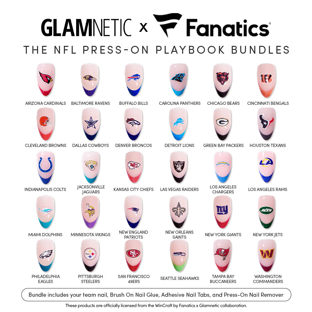 Twenty-two artificial nails featuring unique NFL team logos and colors are arranged in rows. Displayed at the top are the “glamnetic x Fanatics” collaboration and the product name, “The NFL Press-On Playbook Bundles.”. - Product image