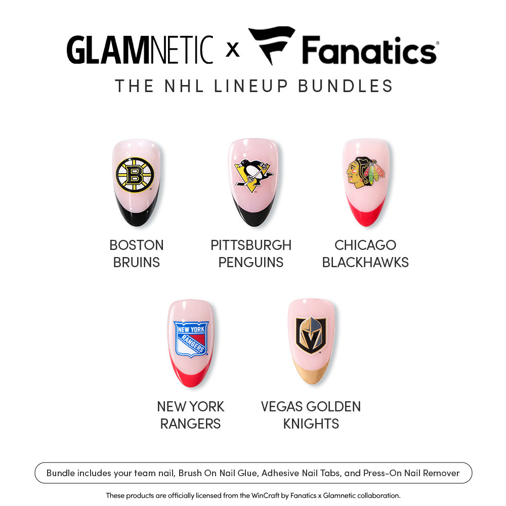 The NHL Lineup Bundles by glamnetic includes five artificial nails, each featuring the logo of an NHL team: Boston Bruins, Pittsburgh Penguins, Chicago Blackhawks, New York Rangers, and Vegas Golden Knights. - Product image