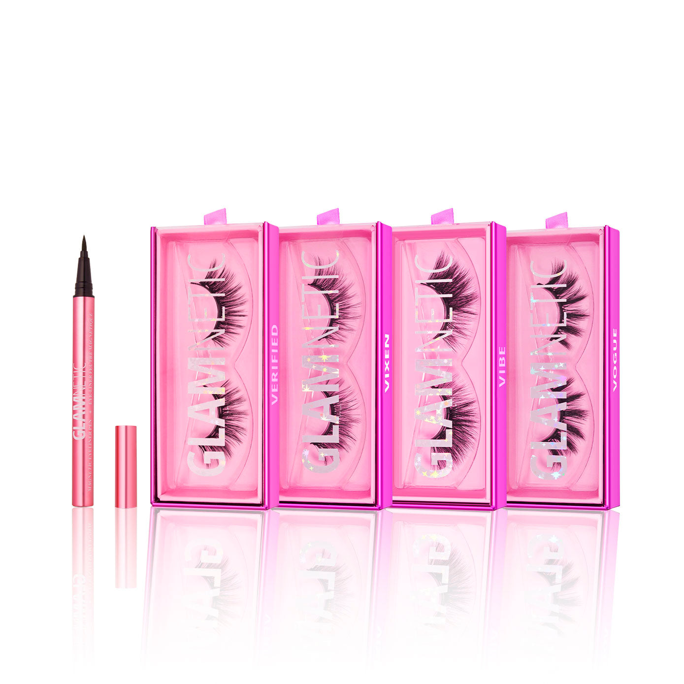 The glamnetic Holiday Hottie set features a pink eyeliner pen and four pairs of voluminous vegan lashes—Verified, Vixen, Vibe, and Virgo—in pink boxes, displayed on a white background for bold, dramatic eyes. - Product image
