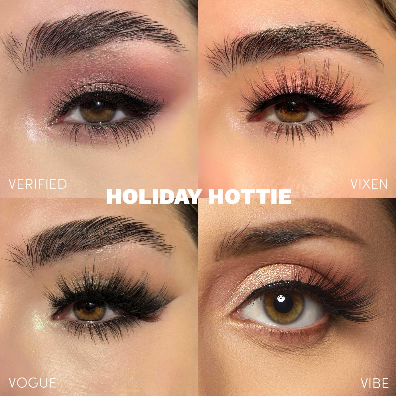Four close-ups highlight glamorous eye looks with glamnetic’s Holiday Hottie vegan lash set—VERIFIED, VIXEN, VOGUE, and VIBE—surrounding the text “HOLIDAY HOTTIE” in the center. - Product image