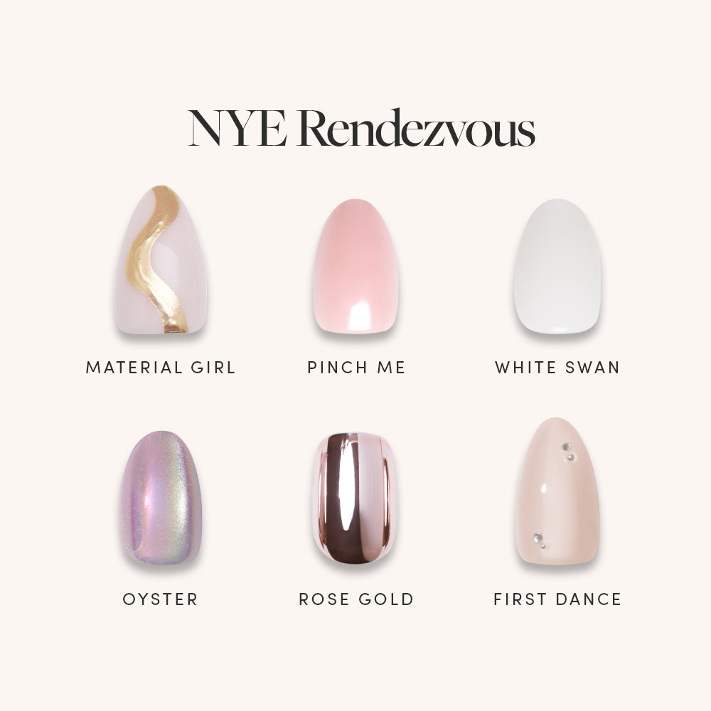 The NYE Rendezvous Bundle by glamnetic features six soft glam press-on nail designs: Material Girl (pink/gold wave), Pinch Me (pale pink), White Swan (white), Oyster (iridescent purple), Rose Gold, and First Dance (nude with gems).