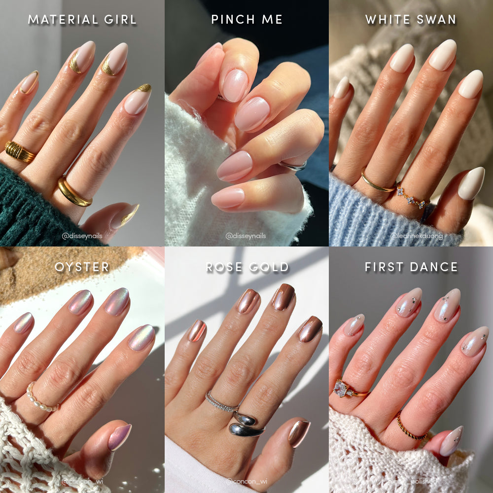 Six photos show manicured hands wearing rings and short press-on nails from glamnetic’s NYE Rendezvous Bundle: gold-tipped, blush pink, matte white, pearly oyster, shiny rose gold, and nude with abstract details.