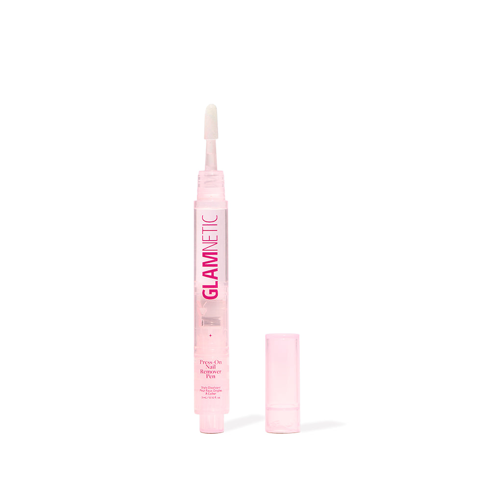 A pink Glamnetic Press-On Nail Remover Pen with its cap removed, showing a felt tip applicator for the acetone-free formula. - Product image