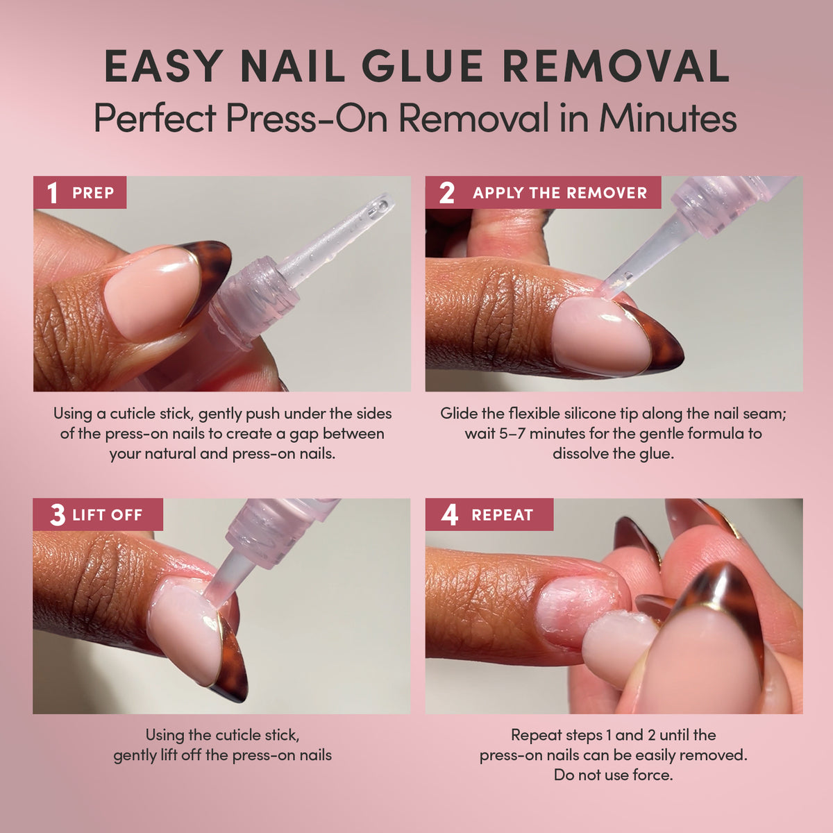 Four-step instructional graphic showing how to use a Glamnetic Press-On Nail Remover Pen, from using a cuticle stick to dissolve the adhesive and lift off nails. - Product image