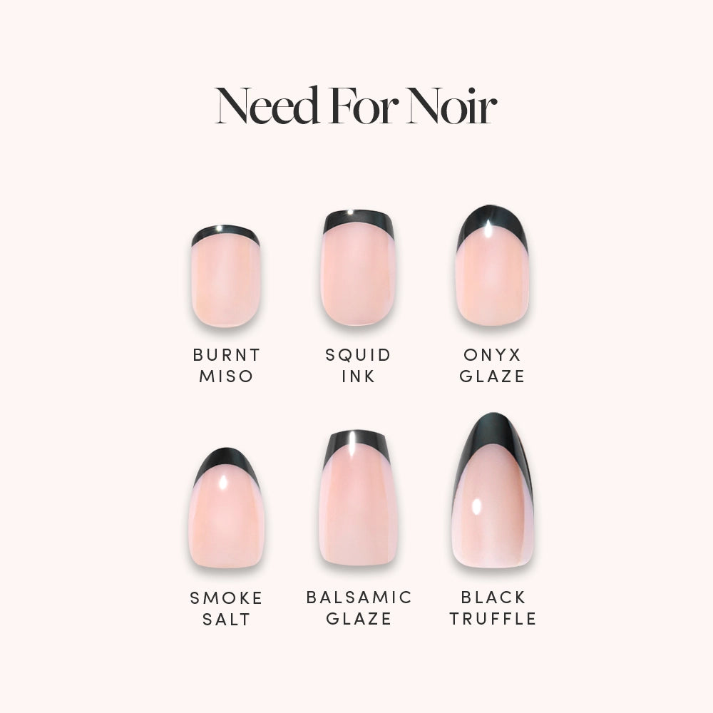 Six manicured nails from the glamnetic Need For Noir Bundle feature a nude base with glazed black French tips, each labeled Burnt Miso, Squid Ink, Onyx Glaze, Smoke Salt, Balsamic Glaze, and Black Truffle. "Need For Noir" tops the image. - Product image