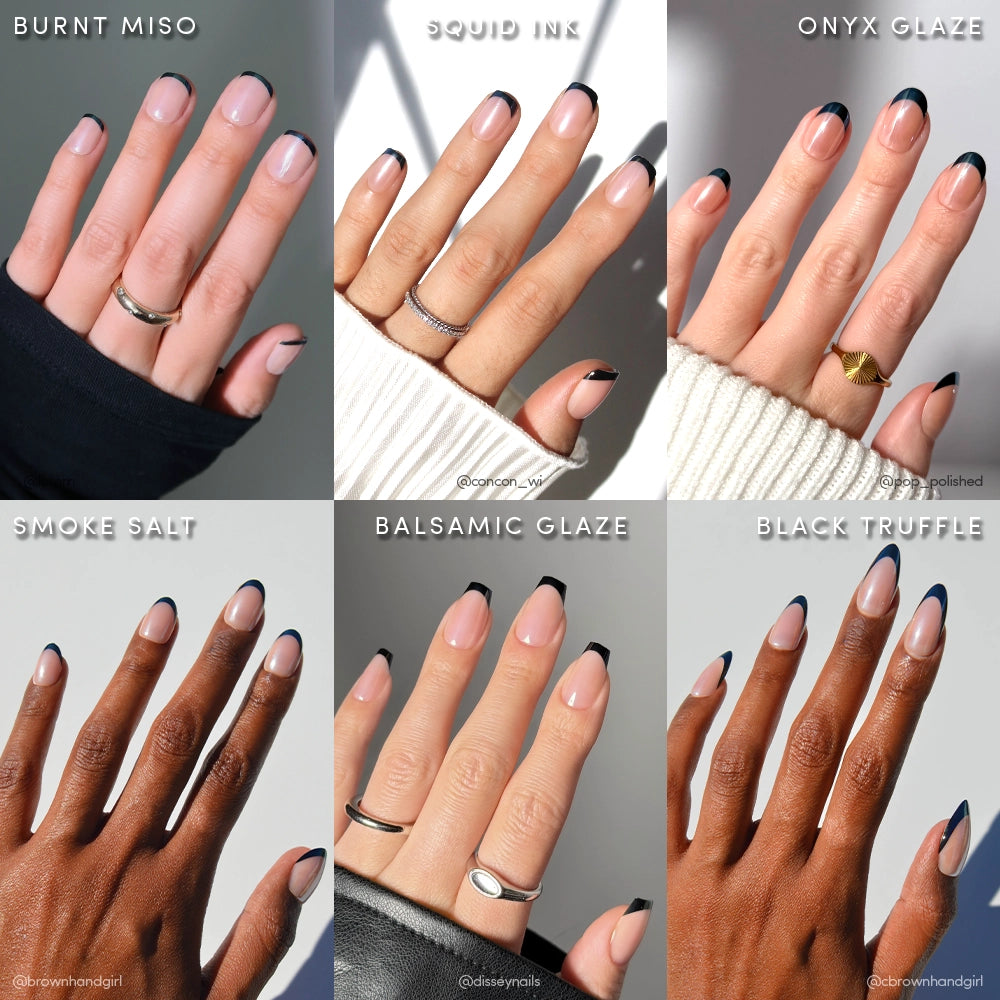 Six close-up photos of hands showcase glamnetic’s Need For Noir Bundle, featuring black French tip press-on nails in Burnt Miso, Squid Ink, Onyx Glaze, Smoke Salt, Balsamic Glaze, and Black Truffle with subtle glazed variations. - Product image