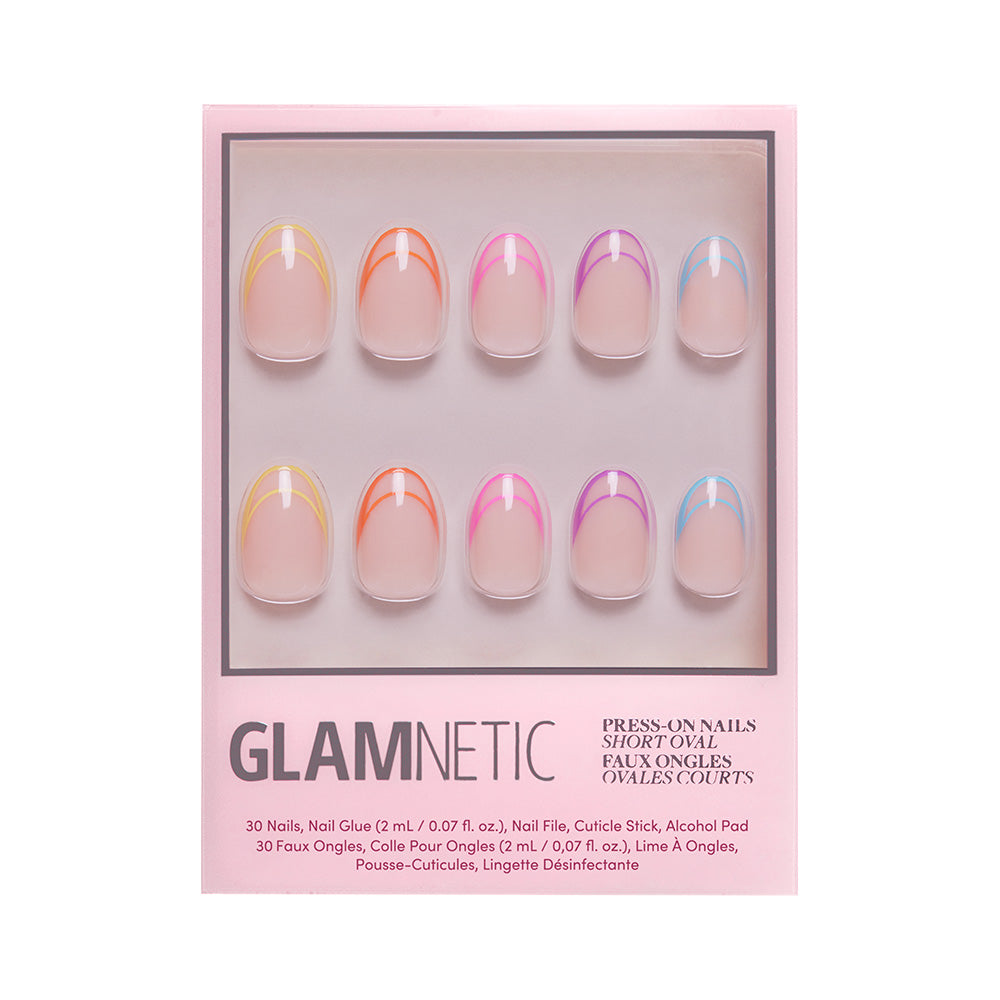 A box of glamnetic Neon Lights press-on nails in short oval shape, featuring ten faux nails with neon wavy French tips in orange, pink, purple, and blue on a nude base. - Product image