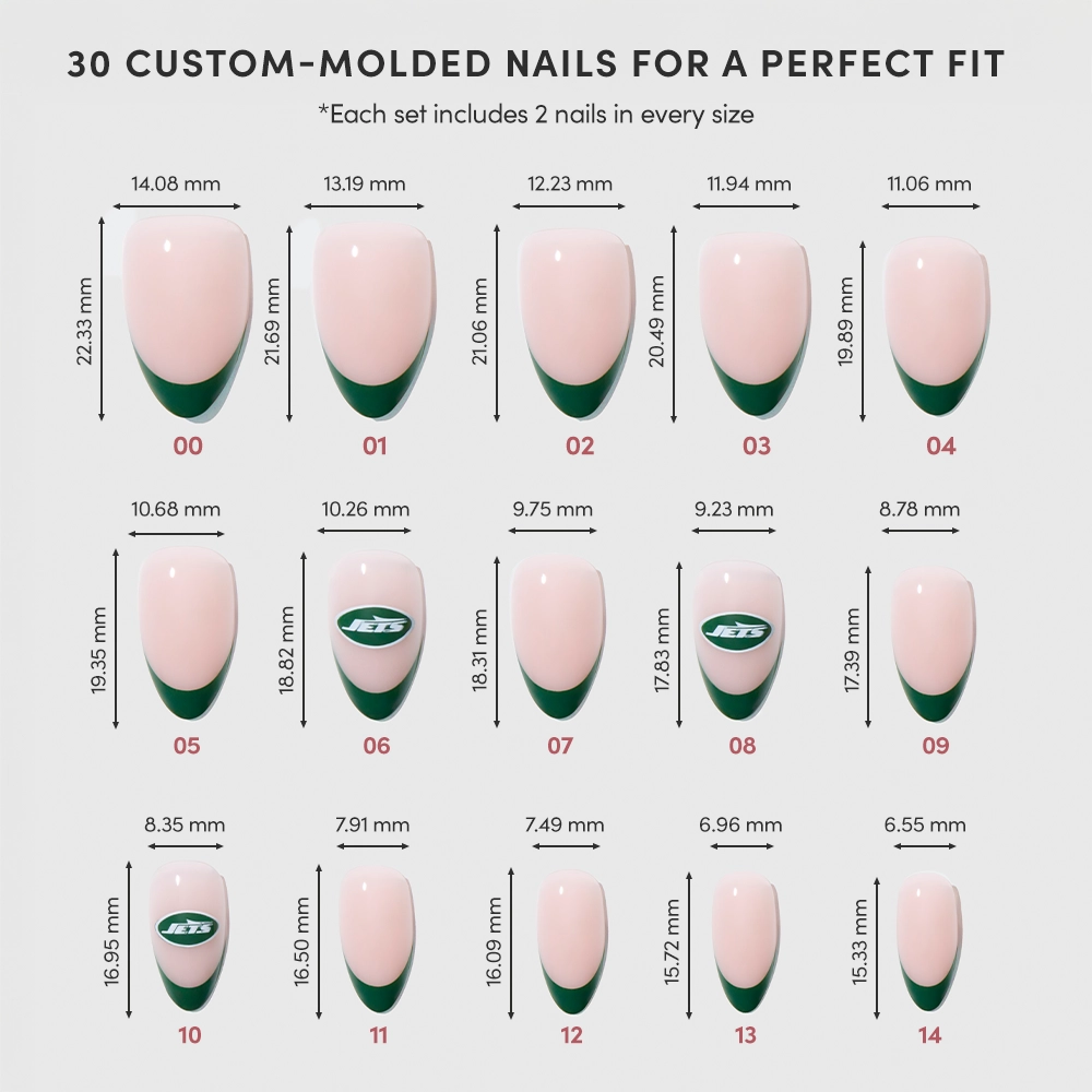 A chart displays 15 sizes of glamnetic's New York Jets Press-On Nail Set, each numbered with precise length and width in millimeters. Every nail features a pink base and green tip. - Product image