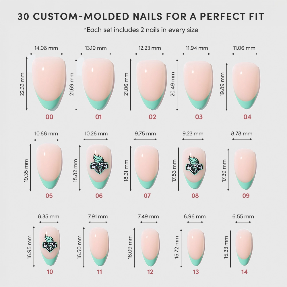 Chart displaying 15 pink-and-green glamnetic New York Liberty Press-On Nails in various sizes with number and dimensions. Some nails have small turquoise tattoo-style designs. Each set includes 30 vegan press-on nails for a perfect fit. - Product image