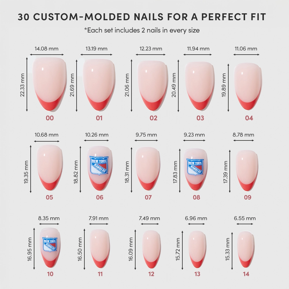 A glamnetic chart displays 15 sizes of New York Rangers Press-On Nail Set, each shown with length and width in millimeters. Some feature fandom French tips or a blue shield logo; sizes span from 00 (largest) to 14 (smallest). - Product image