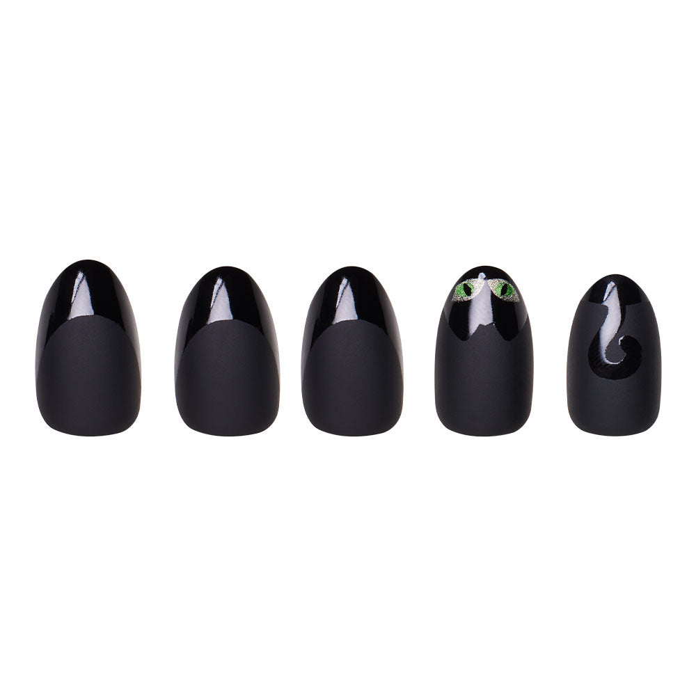 Five “Nine Lives” artificial black cat nails by glamnetic are displayed in a row; one has a velvet-finish cat eye graphic, another features a simple black curled tail, and the rest are solid black. - Product image