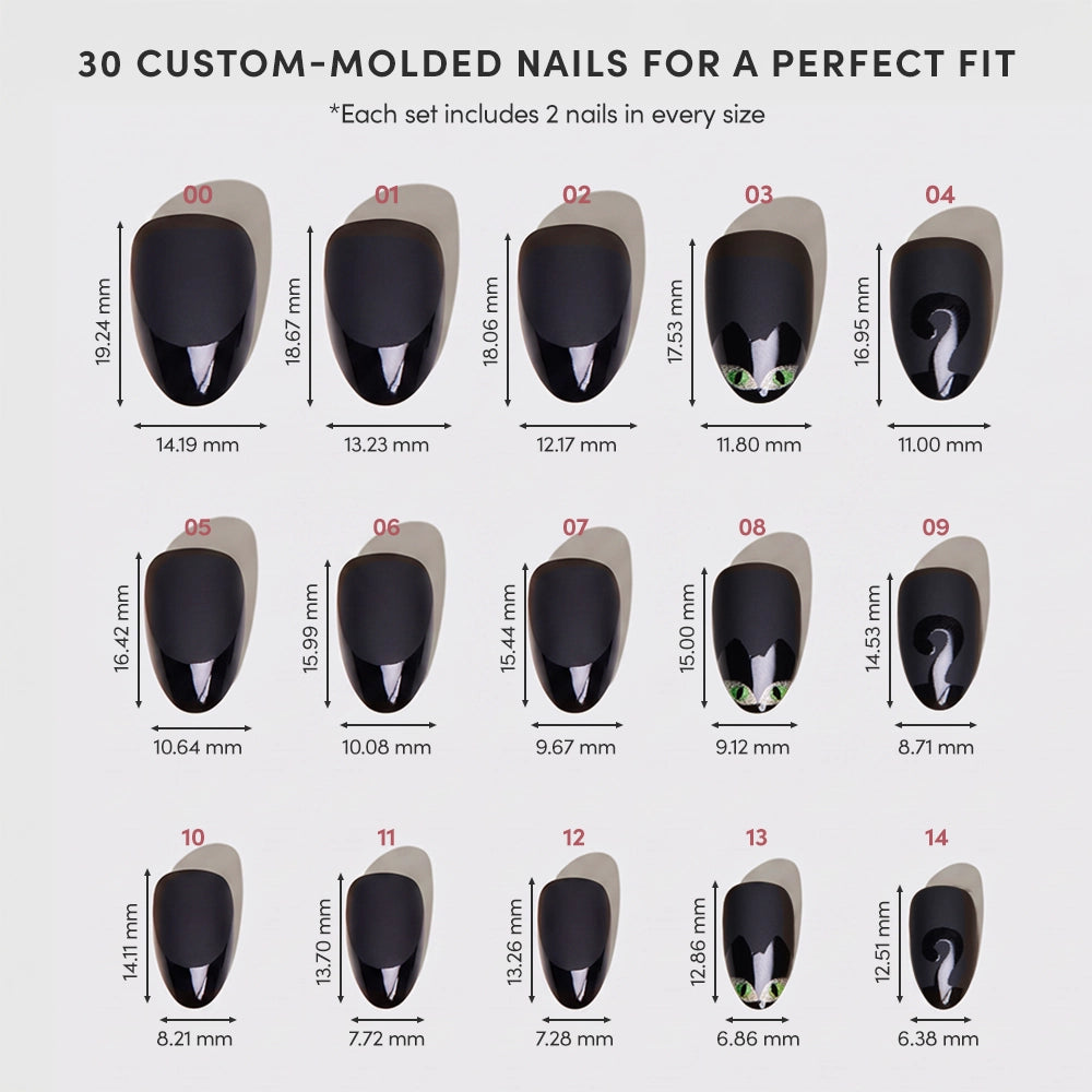 A chart displays 15 different sizes of glamnetic Nine Lives black custom-molded press-on nails, with width and length measurements organized in three rows of five. Some short oval Nine Lives nails feature a question mark or leaf design. - Product image