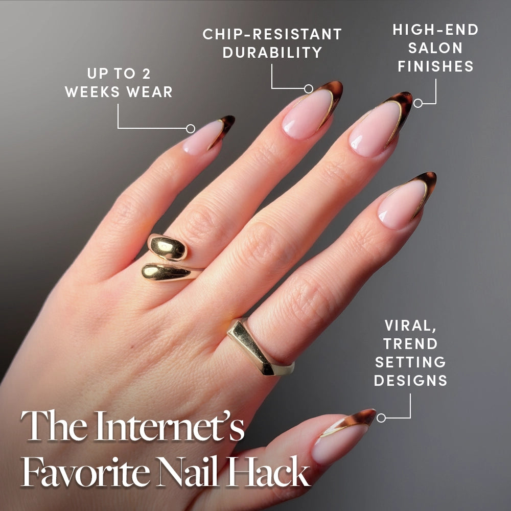 A hand wears glamnetic No Competition press-on nails, featuring a pink base with tortoiseshell French tips. Text notes chip-resistant durability (up to 2 weeks), luxe finishes, and a trendy almond shape design. - Product image