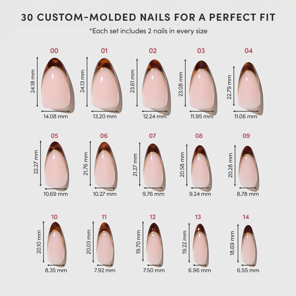 A chart displays 15 sizes (with mm measurements) of glamnetic’s "No Competition" almond-shaped, tortoiseshell French tip press-ons—each with a pink base and brown tip. Each set contains two nails per size. - Product image