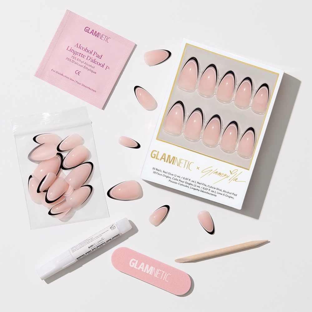 Glamnetic press-on nails with packaging and application tools on a white background - Product image
