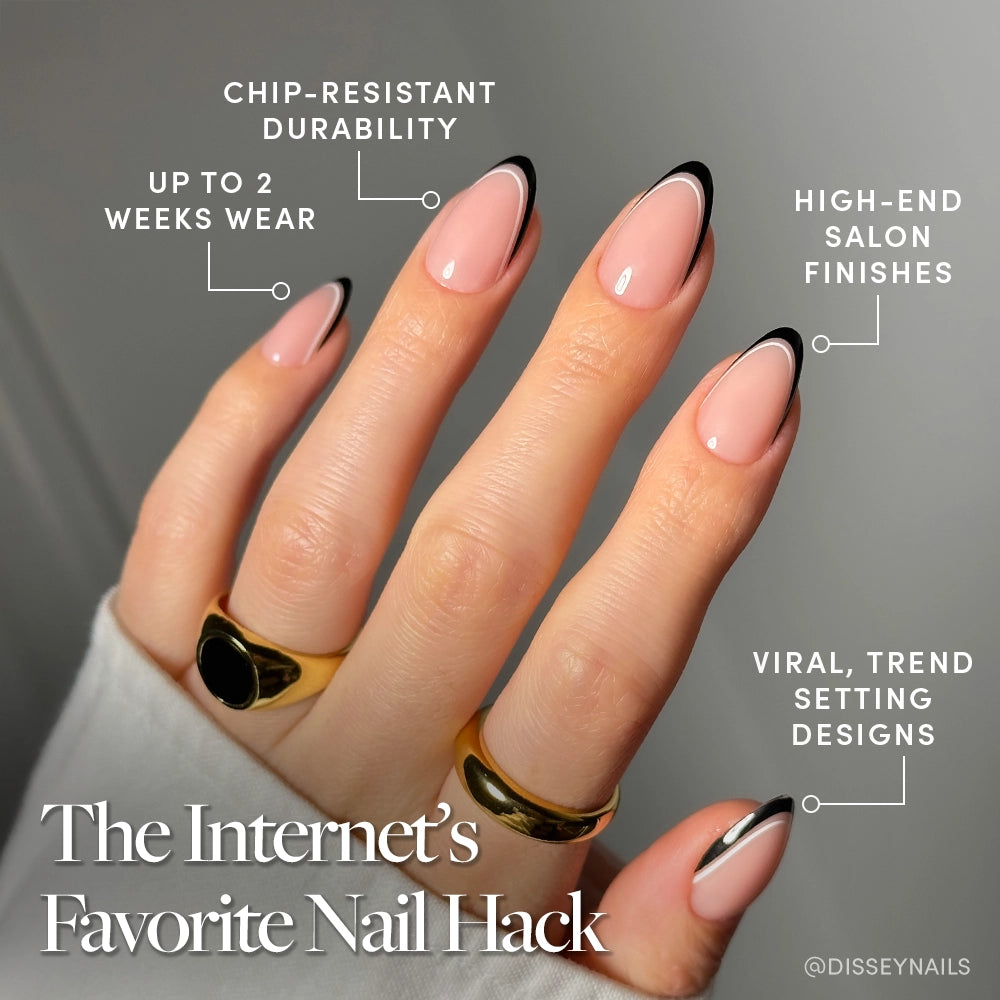 Hand with almond-shaped french tip nails labeled with annotations: "Chip-resistant durability," "Up to 2 weeks wear," "High-end salon finishes," and "Viral, trend-setting designs" with the caption “The Internet’s Favorite Nail Hack.”
- Product image