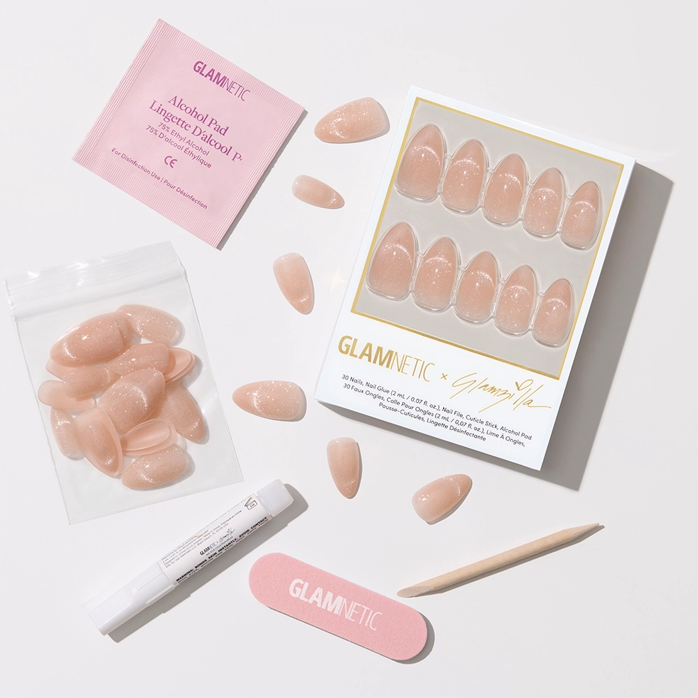 Glamnetic “Not Your Cinder-Ella” nail kit including press-on nails, nail glue, file, cuticle stick, alcohol pad, and storage bag. - Product image