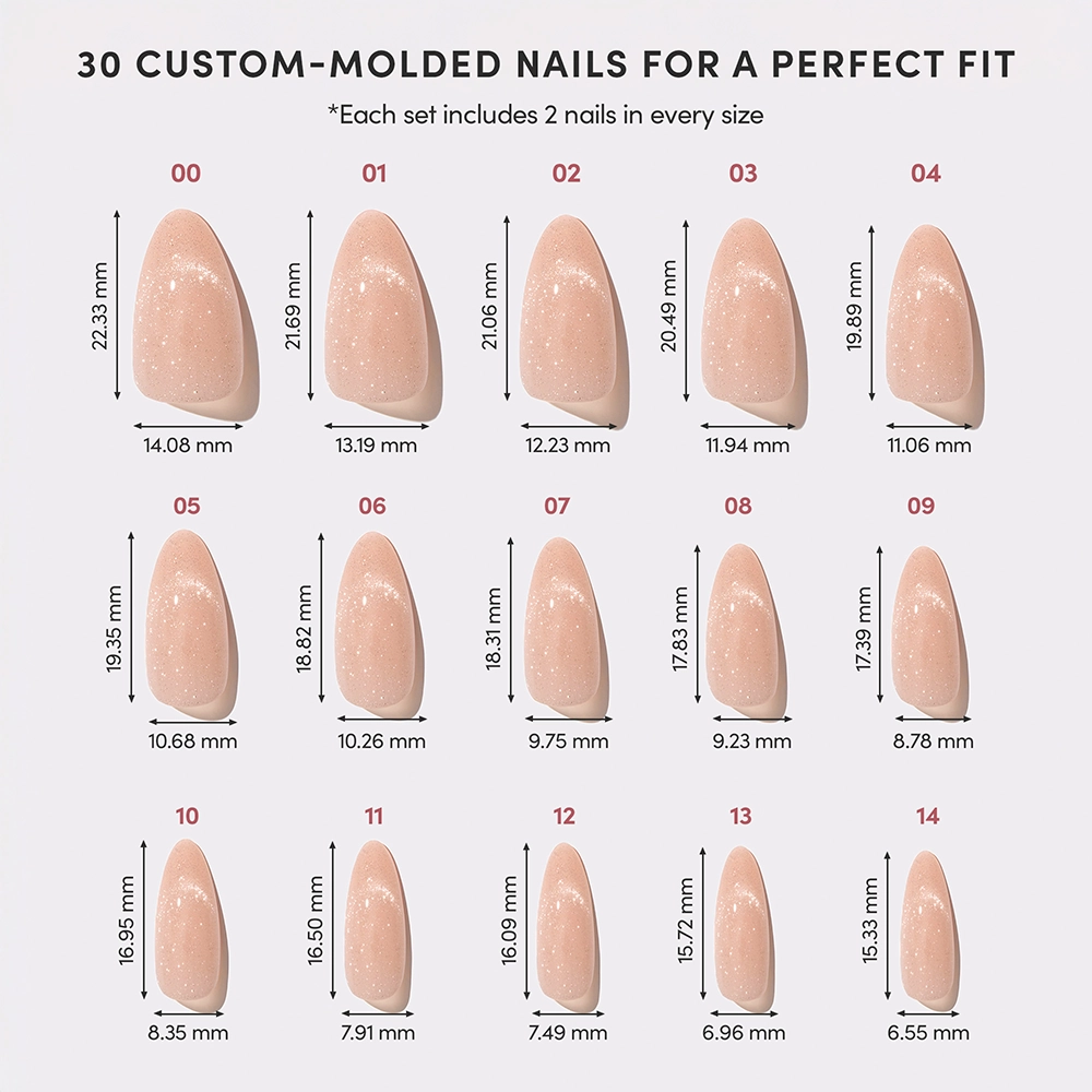 Visual sizing guide of Glamnetic’s “Not Your Cinder-Ella” press-on nails showing 15 pairs with labeled lengths and widths. - Product image