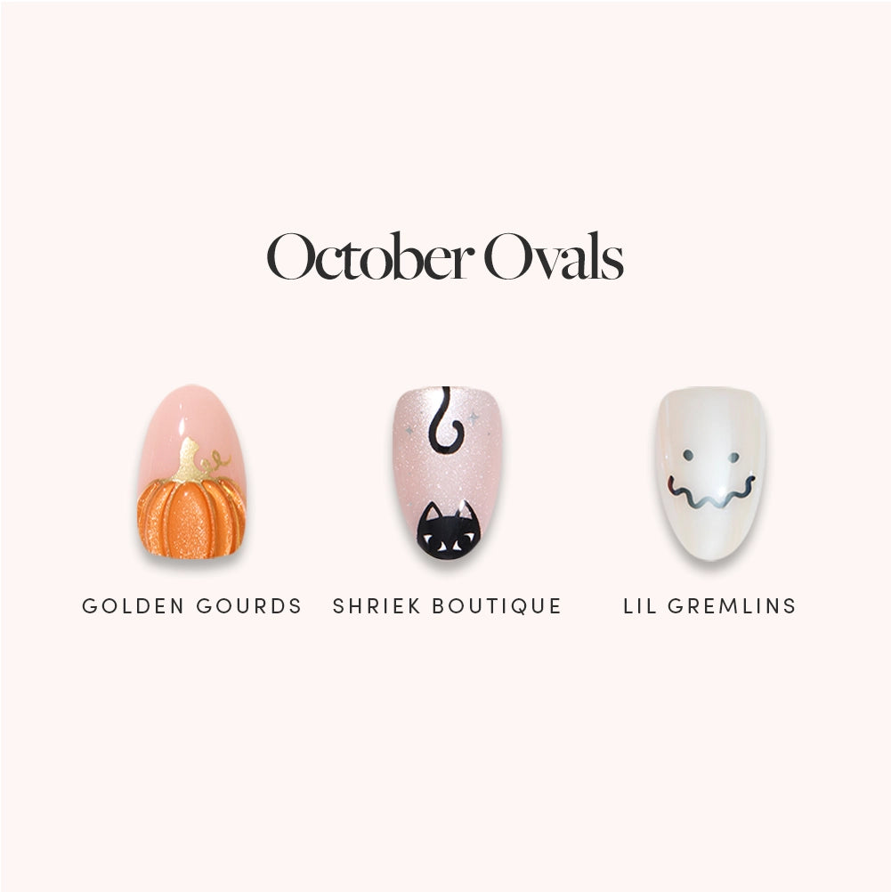 Glamnetic’s October Ovals feature three Halloween-inspired short oval press-on nail designs: a gold pumpkin on pink, a black cat with a curly tail on nude, and a white oval accent with a simple ghost face. Enjoy salon-quality style at home, with “October Ovals” displayed above the nail art. - Product image
