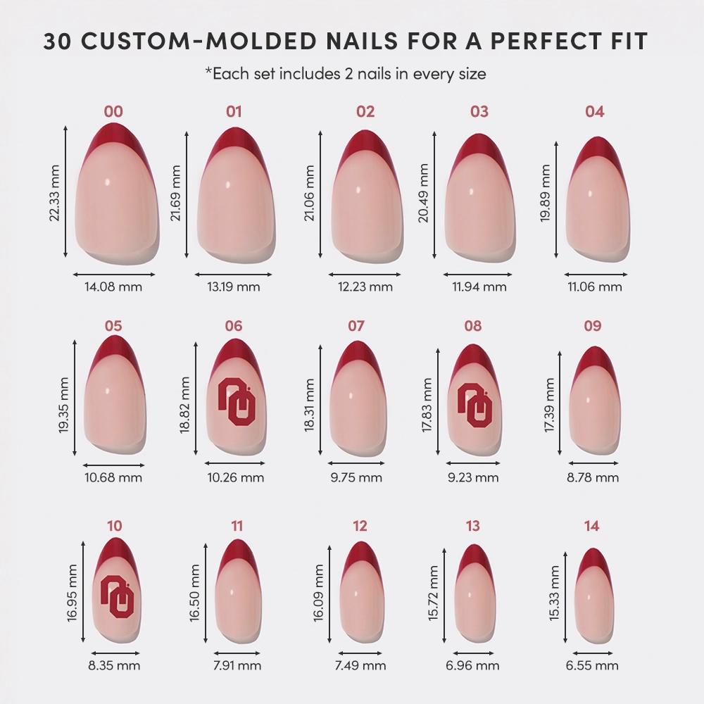 The glamnetic Oklahoma Sooners Press-On Nail Set features 30 salon-quality nails in various sizes, each with a pink base and red tips or designs, labeled in millimeters for a perfect fit. - Product image