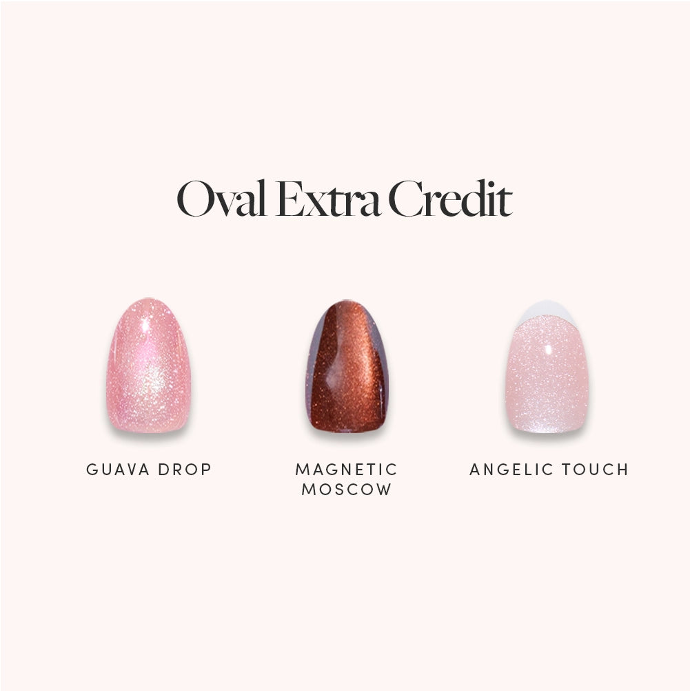 Three oval-shaped nail polish swatches—Guava Drop (pink), Magnetic Moscow (shimmery dark red), and Angelic Touch (light pink)—are displayed on a pale background under the title Oval Extra Credit from glamnetic, capturing salon-quality nails with timeless elegance. - Product image